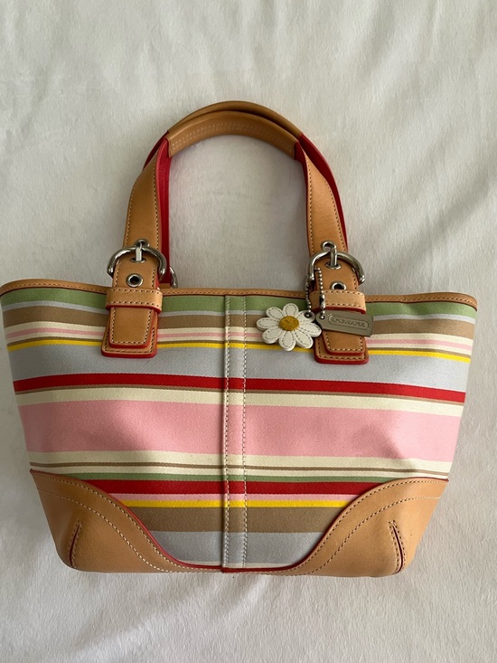 Coach Handbags - Coach Striped Canvas Tote in Pink, Red, Yellow & Tan with Daisy Charm